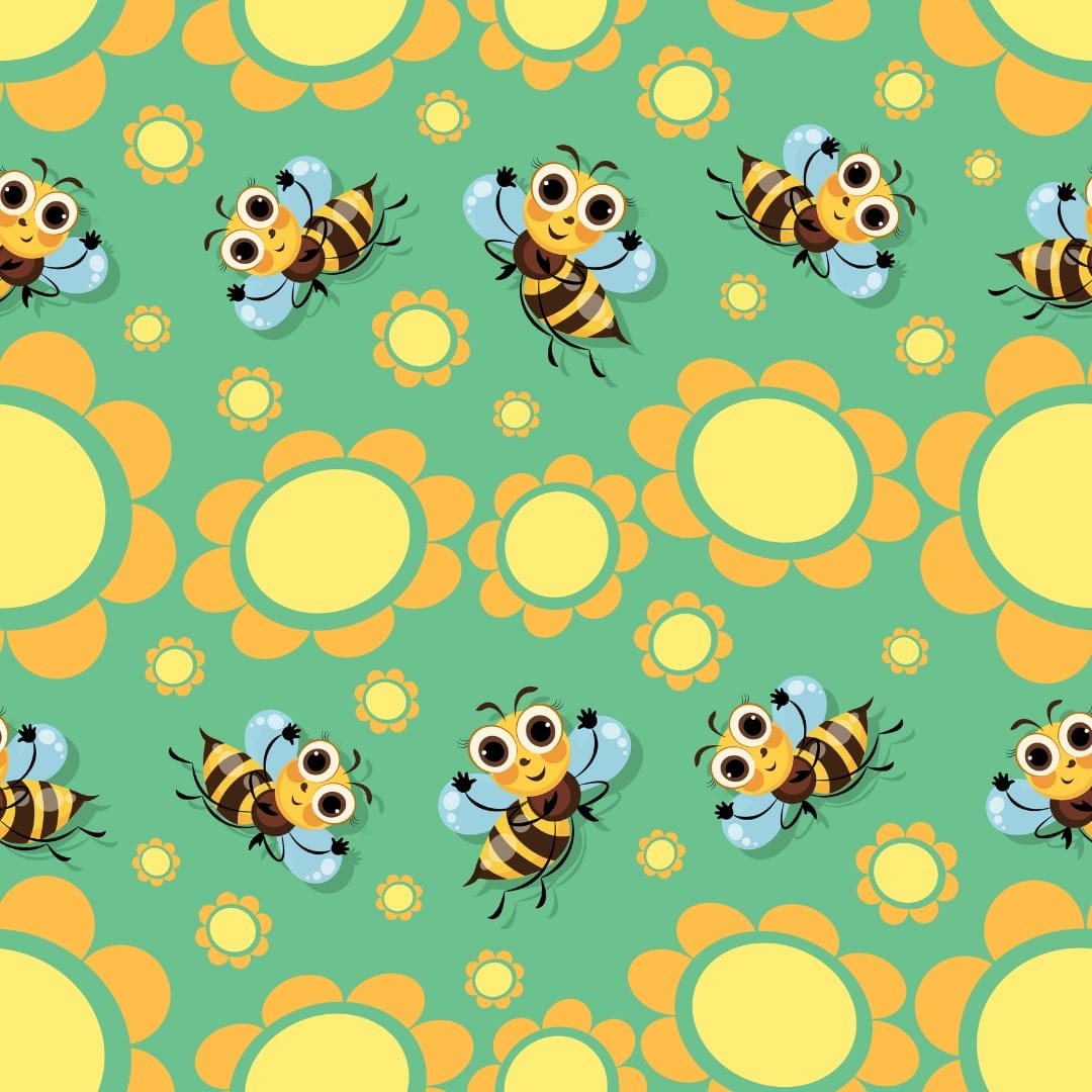 Pattern of cartoon bees and flowers on a green background