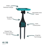 Product with features labeled including water resistance, adjustable solar panel, and shank construction.
