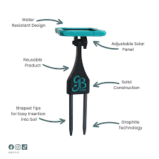 Product with features labeled including water resistance, adjustable solar panel, and shank construction.